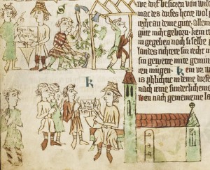 m 1300: deutsche Siedler erhalten einen Rodungsvertrag (Heidelberger Sachsenspiegel, Cod. Pal. germ. 164)