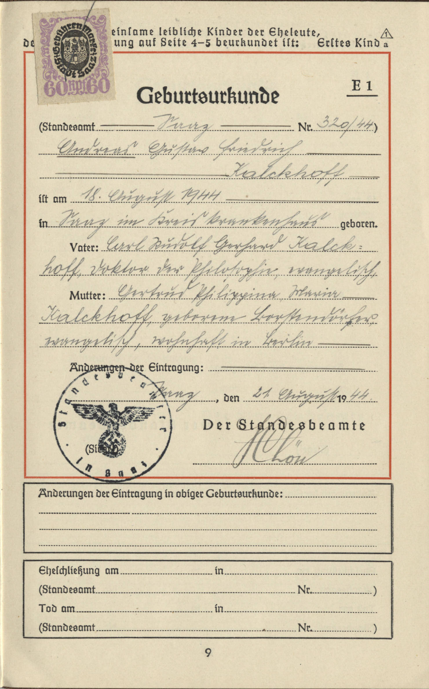 Geburtsurkunde von Andreas Kalckhoff, Saaz 1944