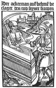 Der Ackermann aus Böhmen beklagt den Tod seiner Frau (Holzschnitt, vor 1480)